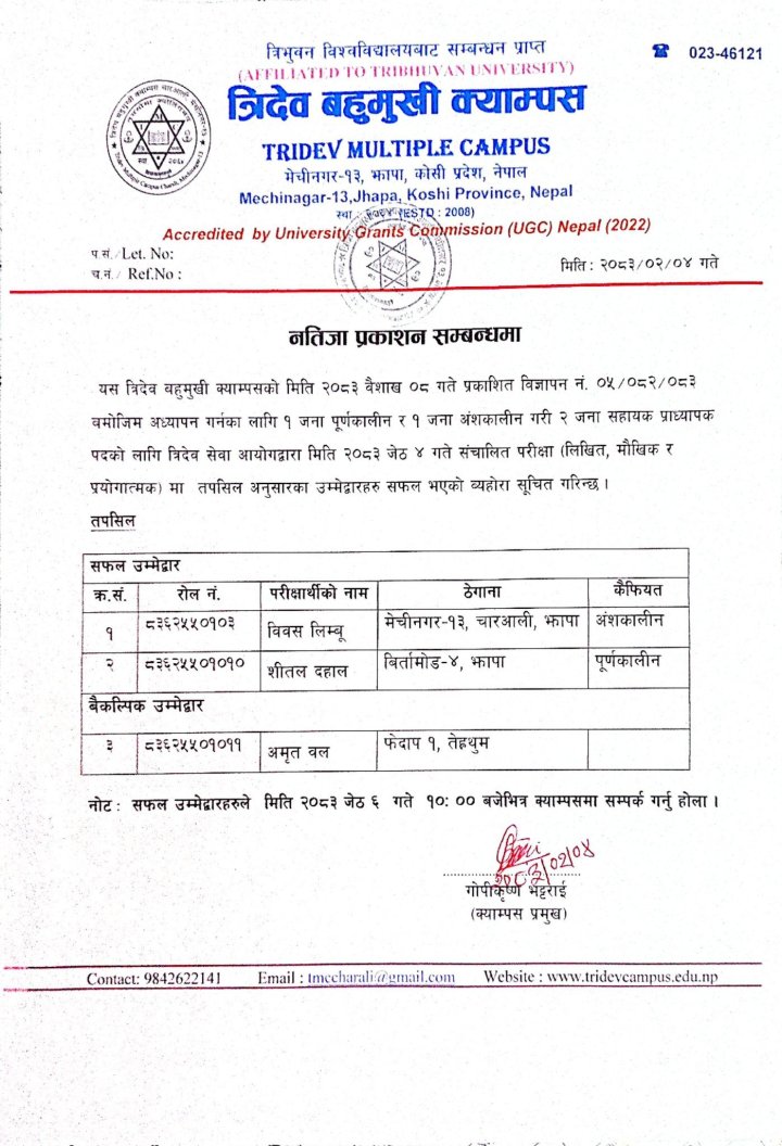 नतिजा प्रकाशन सम्बन्धमा 